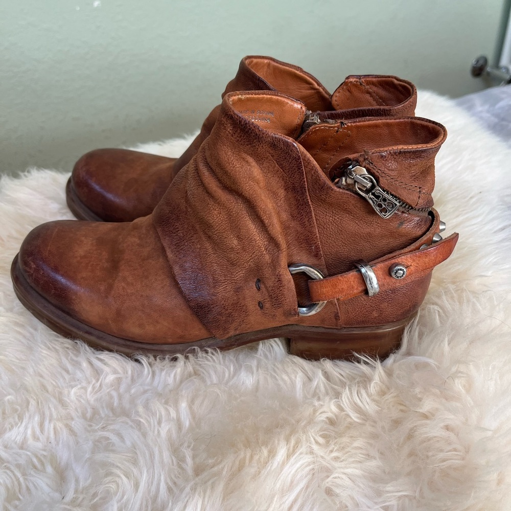 A.S.98 Ankle Booties. Size 39. Distressed Leather with buckle, zipper, and studs